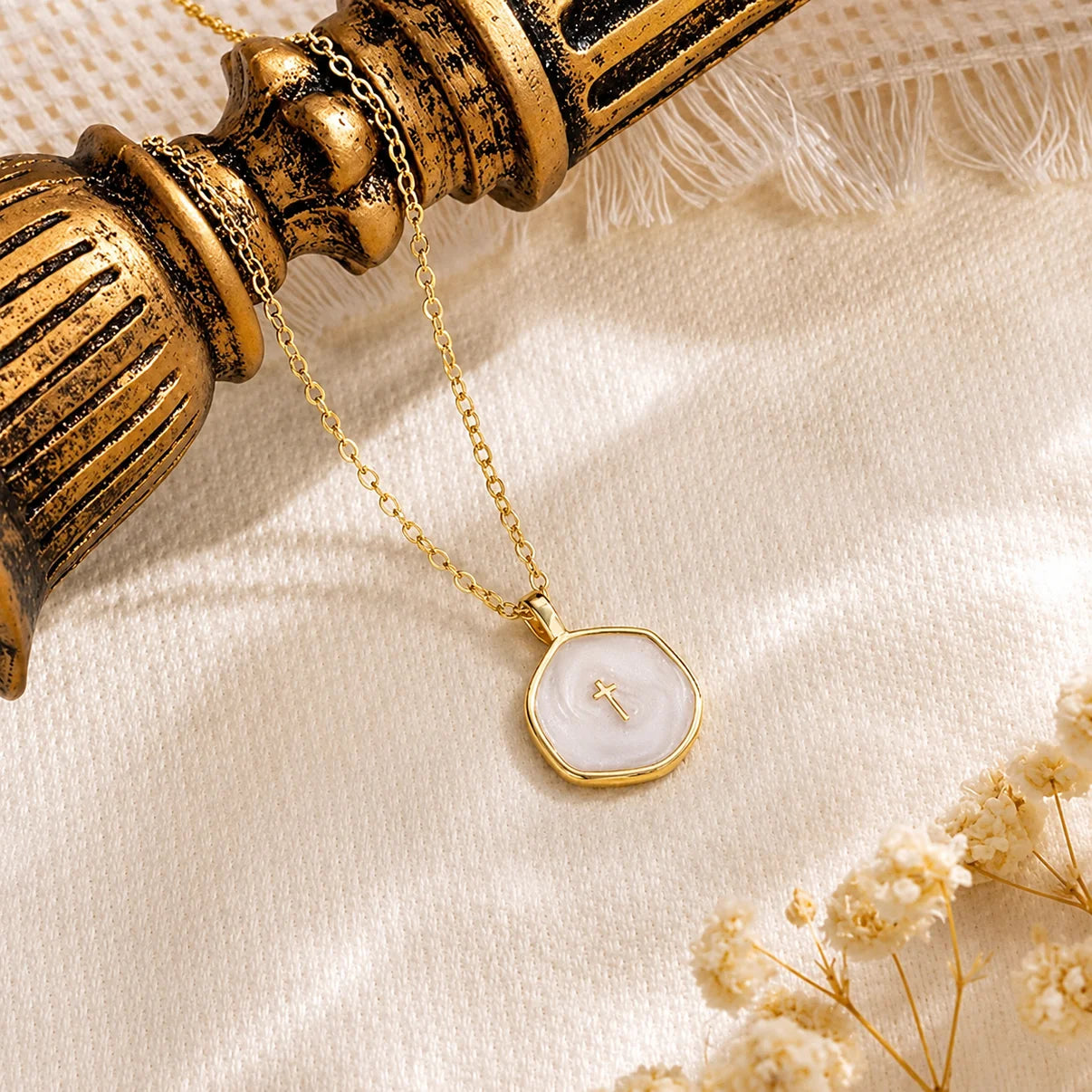 Mother-of-Pearl Cross Necklace · Premium Gold Finish