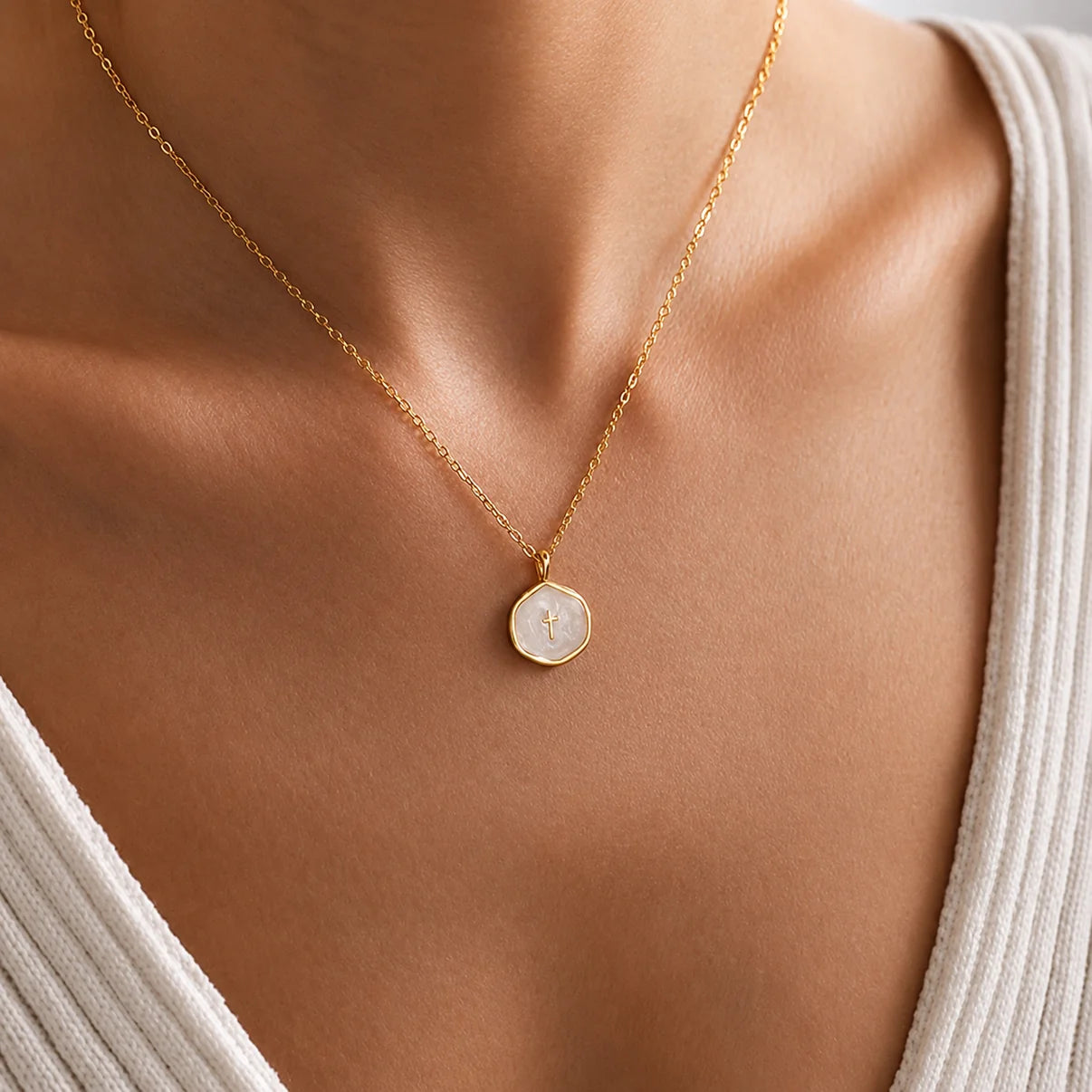 Mother-of-Pearl Cross Necklace · Premium Gold Finish
